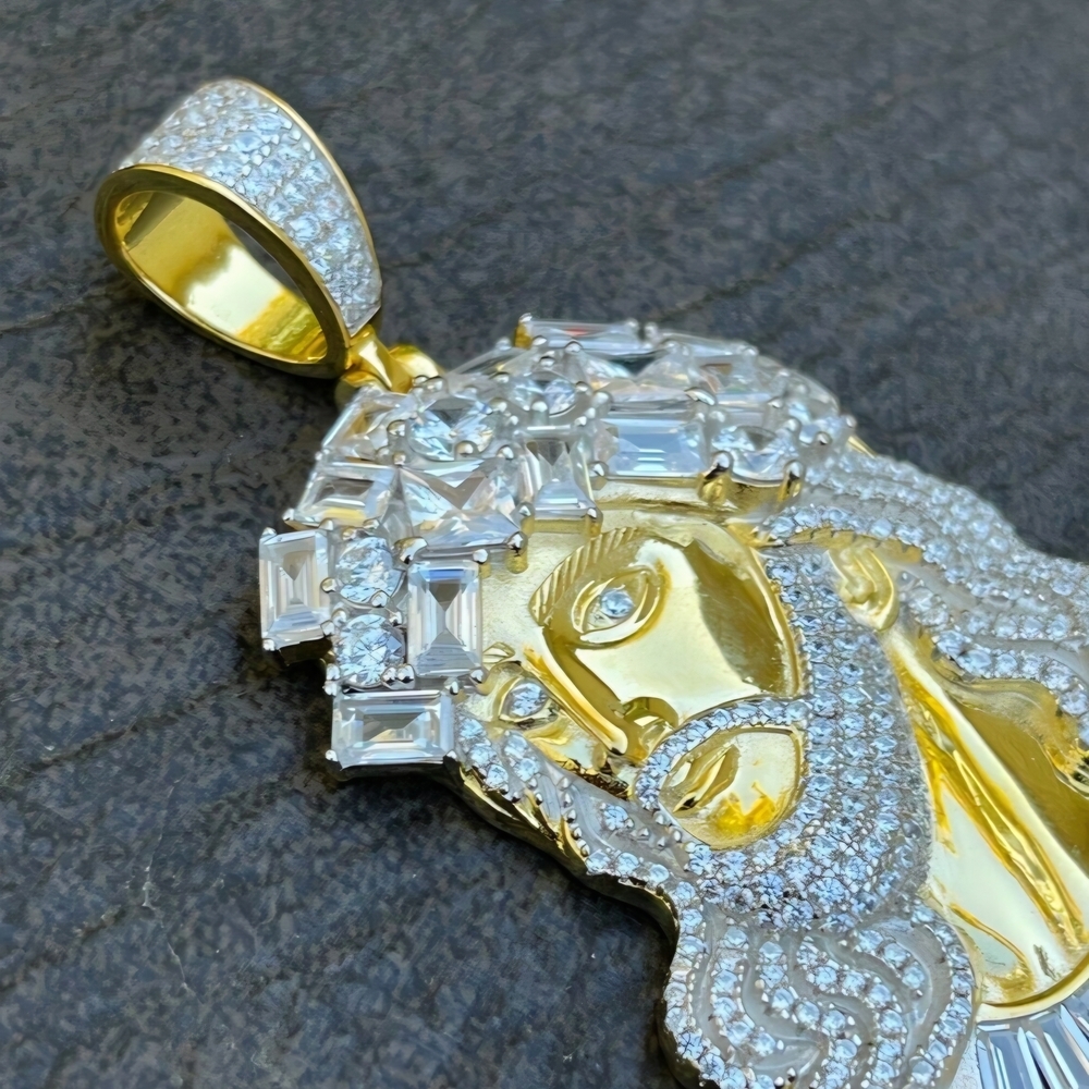 Iced Out 10 carat Moissanite Jesus Peice Baguette Pendant - 14k Yellow ovr 925 S - Picture 8 of 16